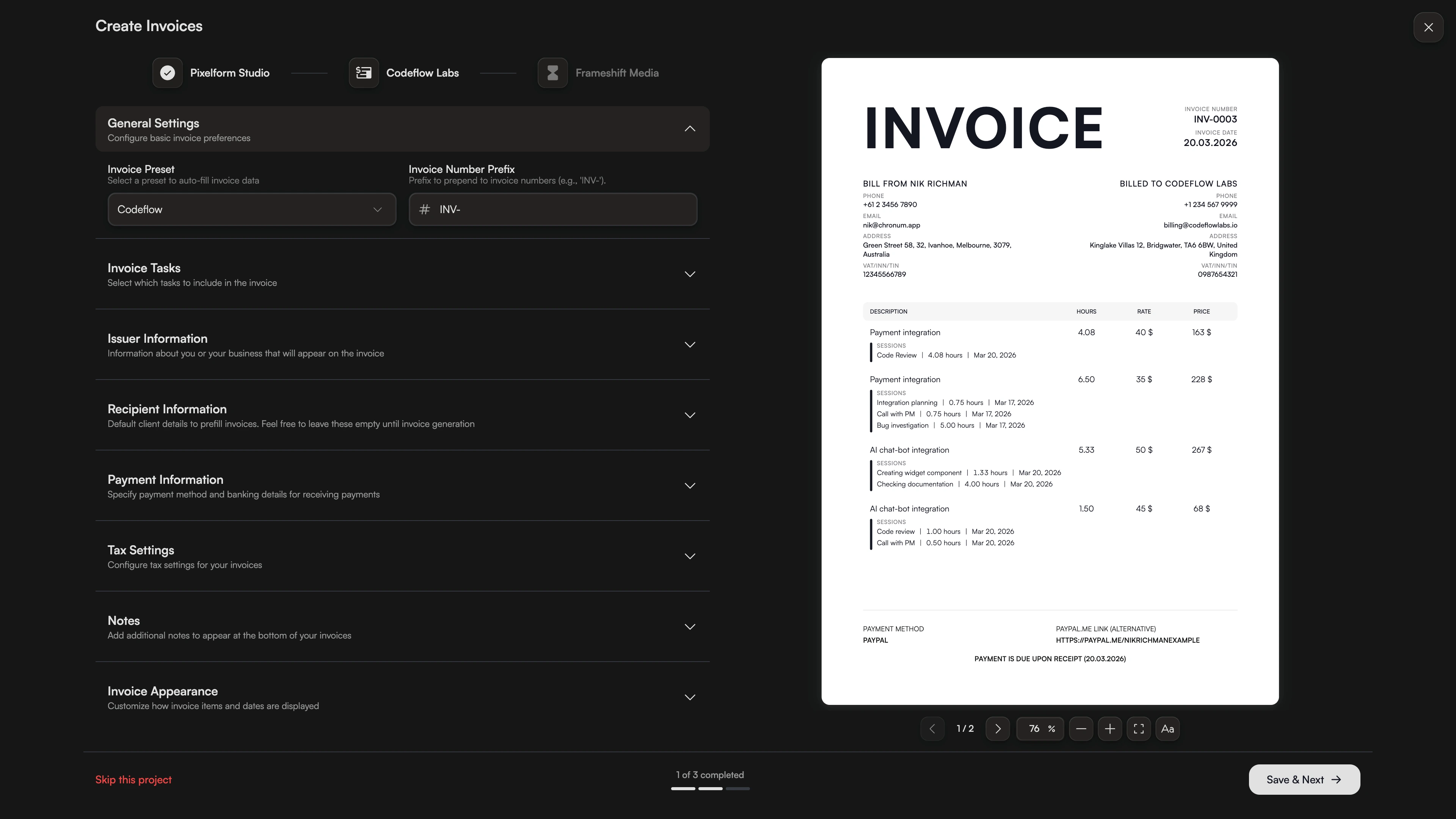 Chronum app interface showing complex multi-client batch invoice generation for Codeflow Labs and Frameshift Media.