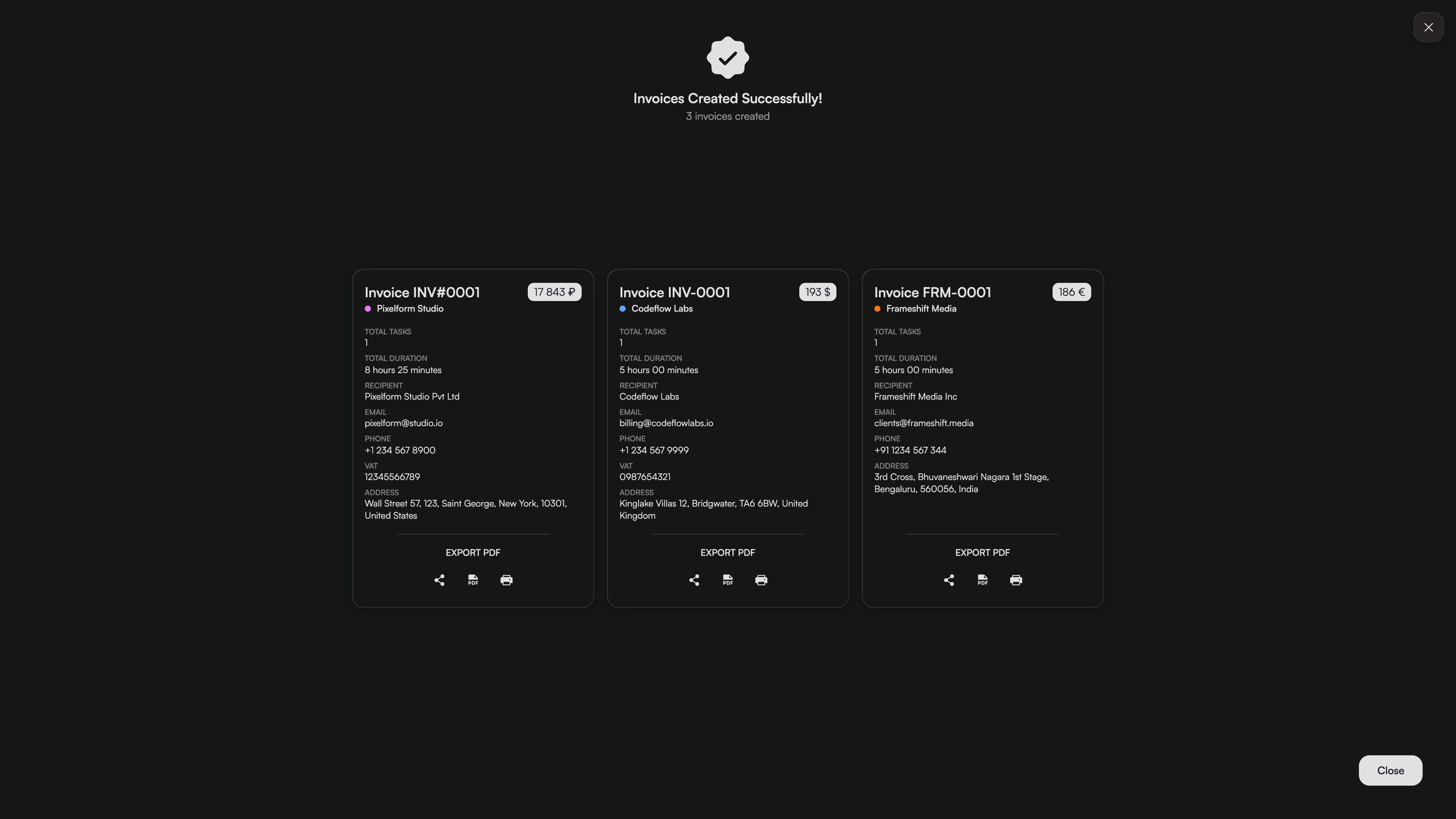 Batch invoice generation in Chronum showing multiple created invoices ready for PDF export in a single dashboard view.