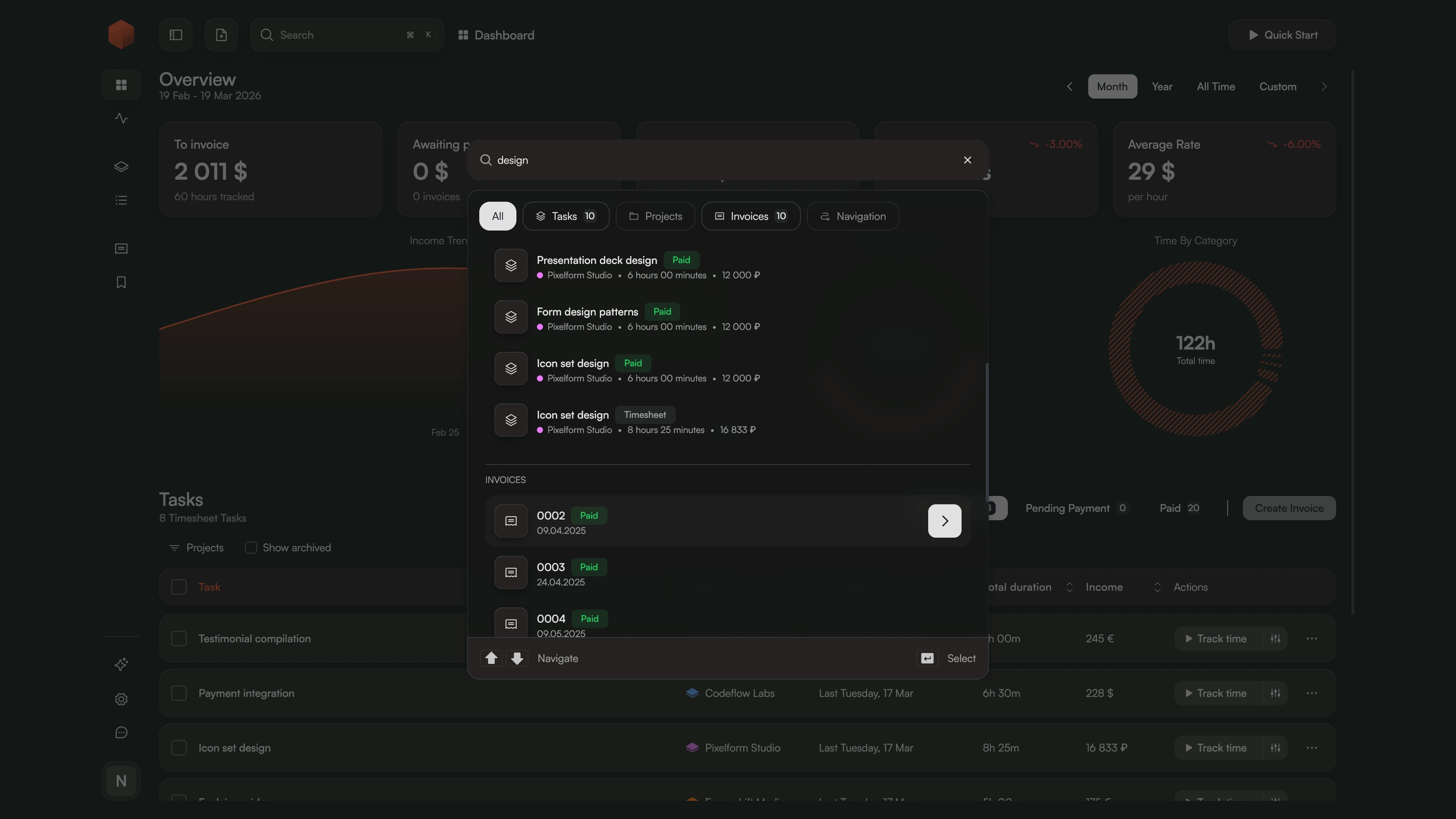 Fast command dialog overlay in Chronum for starting timers and navigating tasks via keyboard shortcuts Ctrl+K.