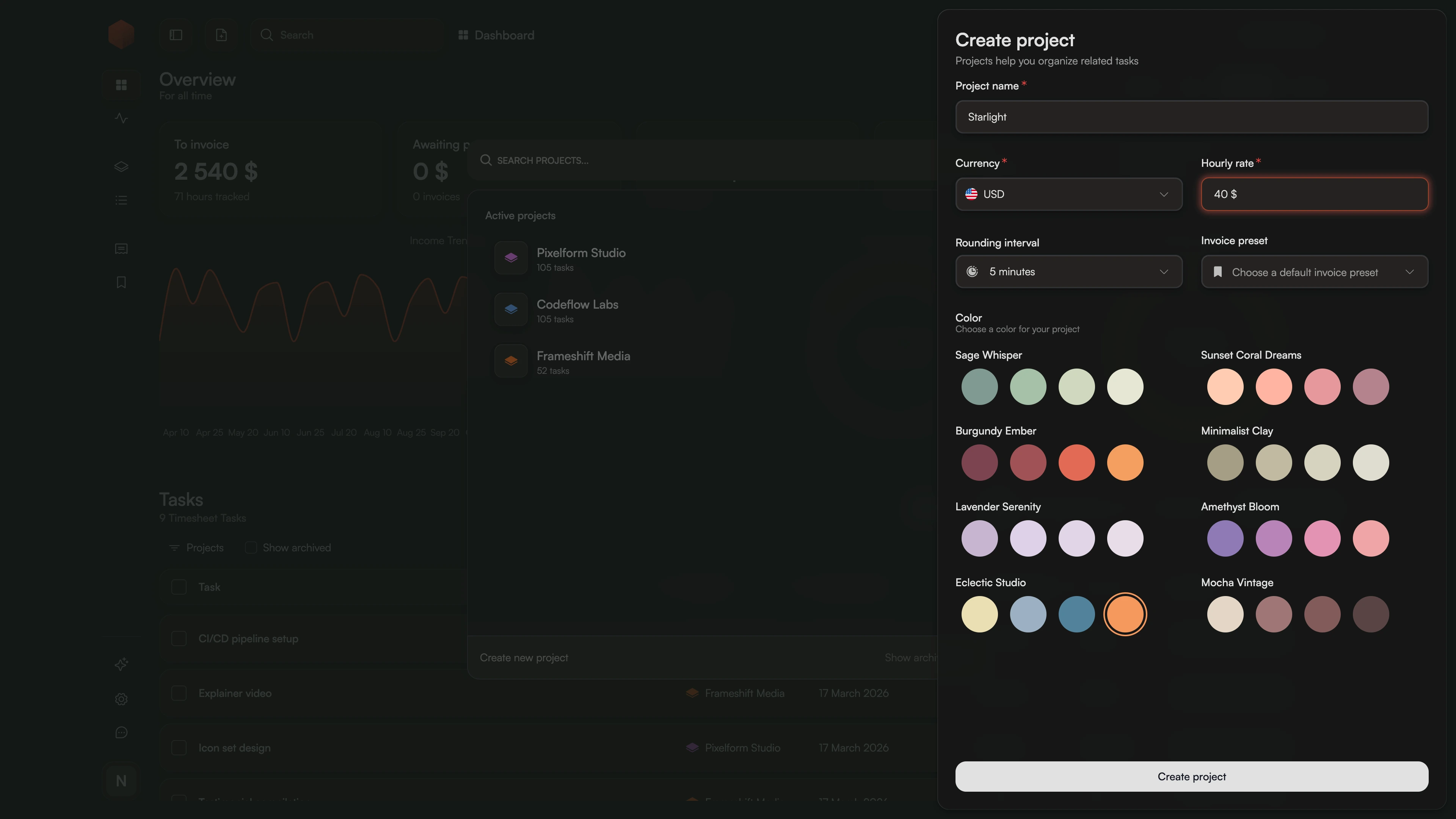 Chronum project creation screen with hourly rate input field.