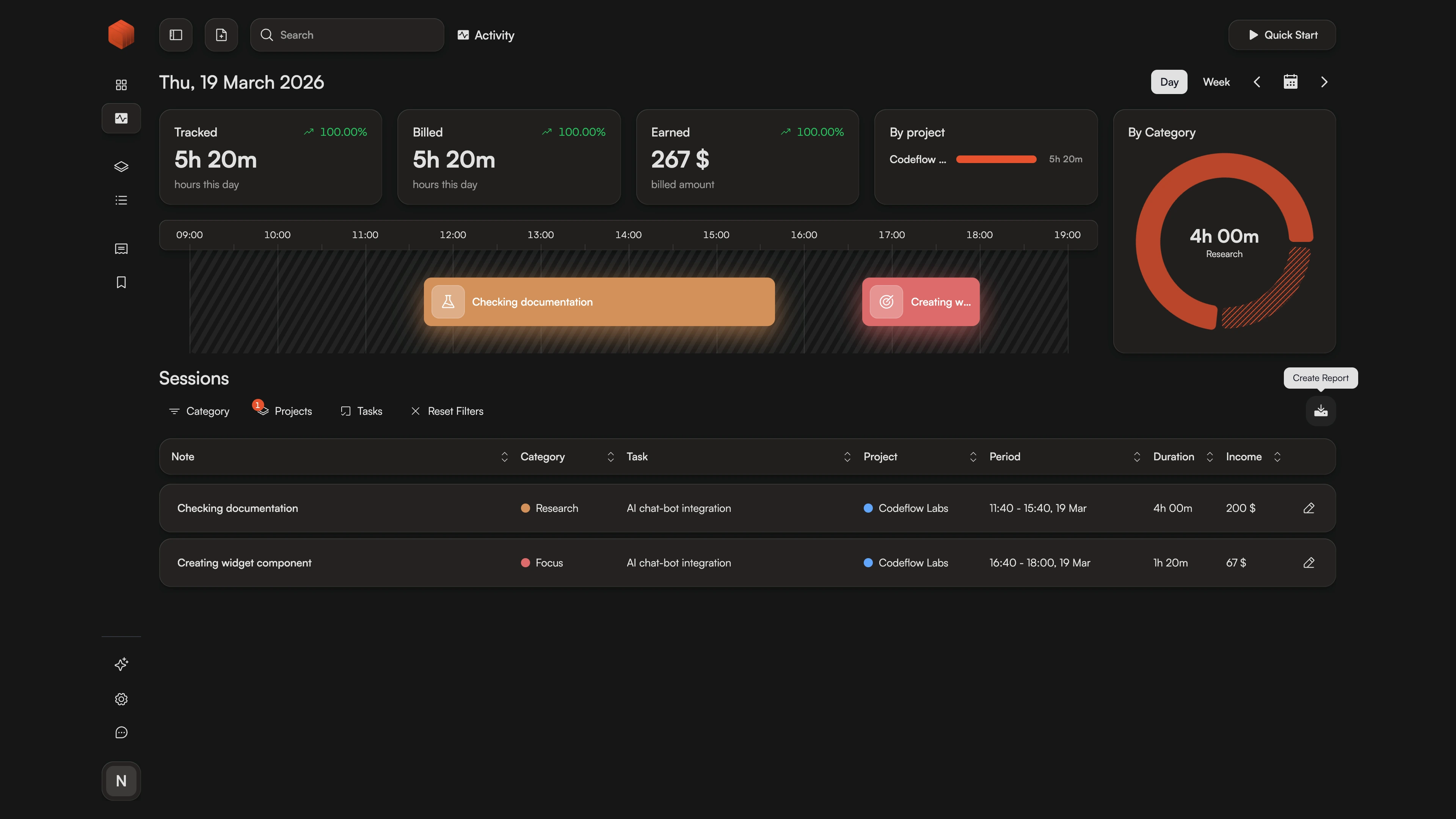 Contextual reporting in Chronum with pre-filled project data and date ranges for instant export.