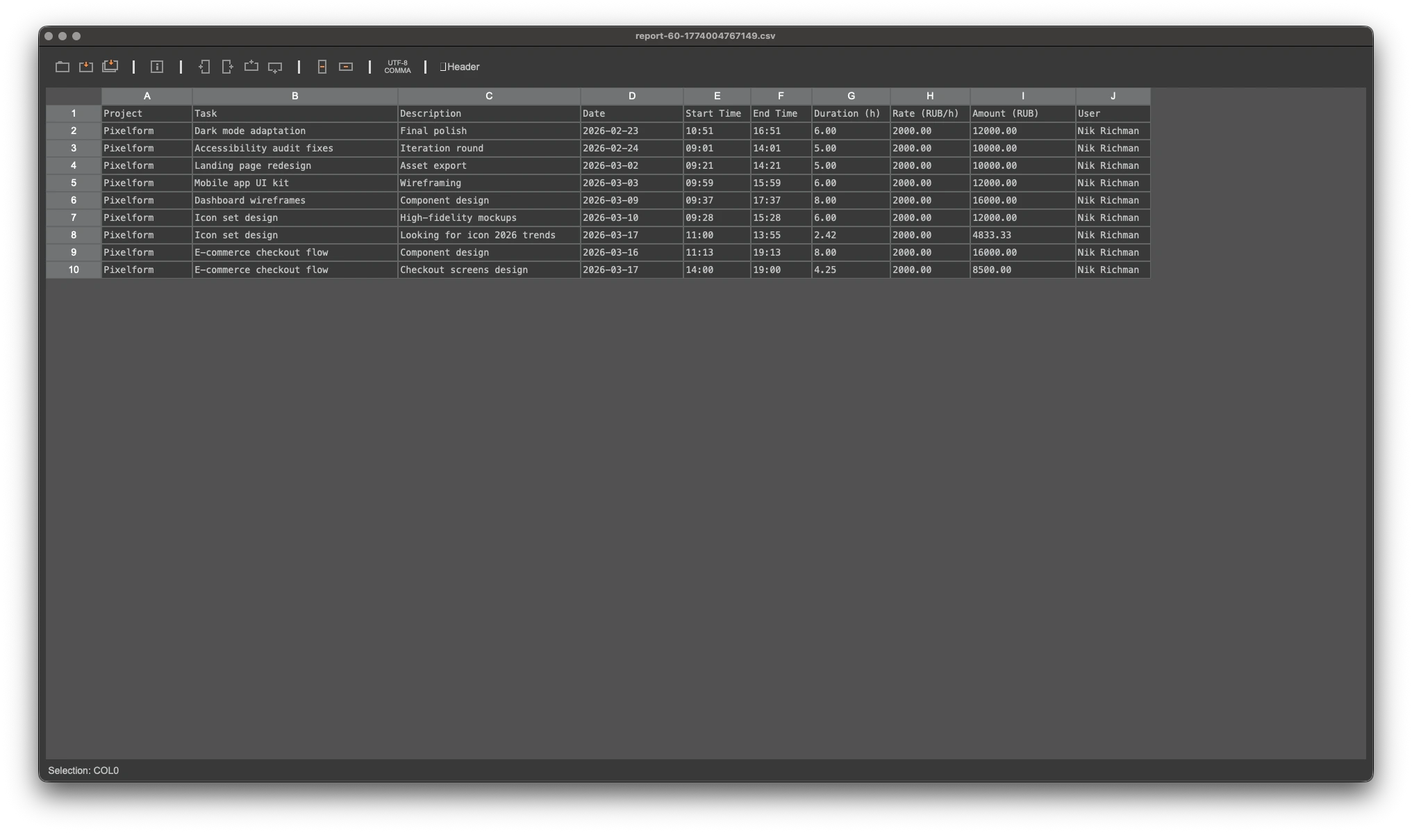 Structured CSV time tracking report from Chronum opened in a spreadsheet for data analysis.