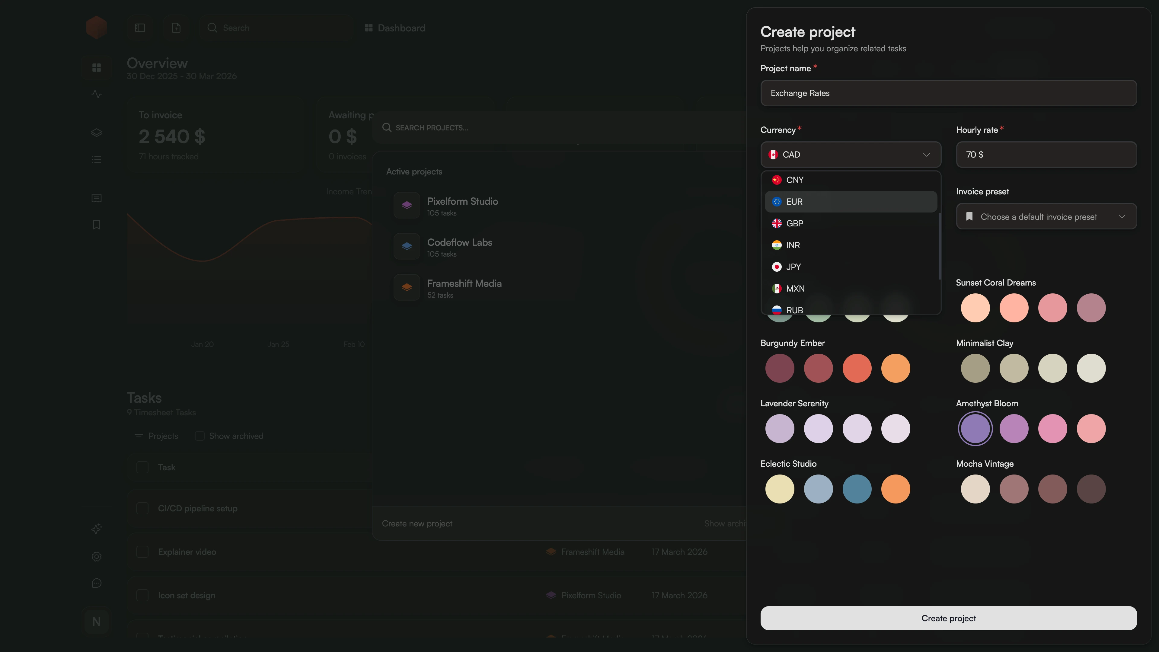 Project creation with currency selector showing supported currencies.