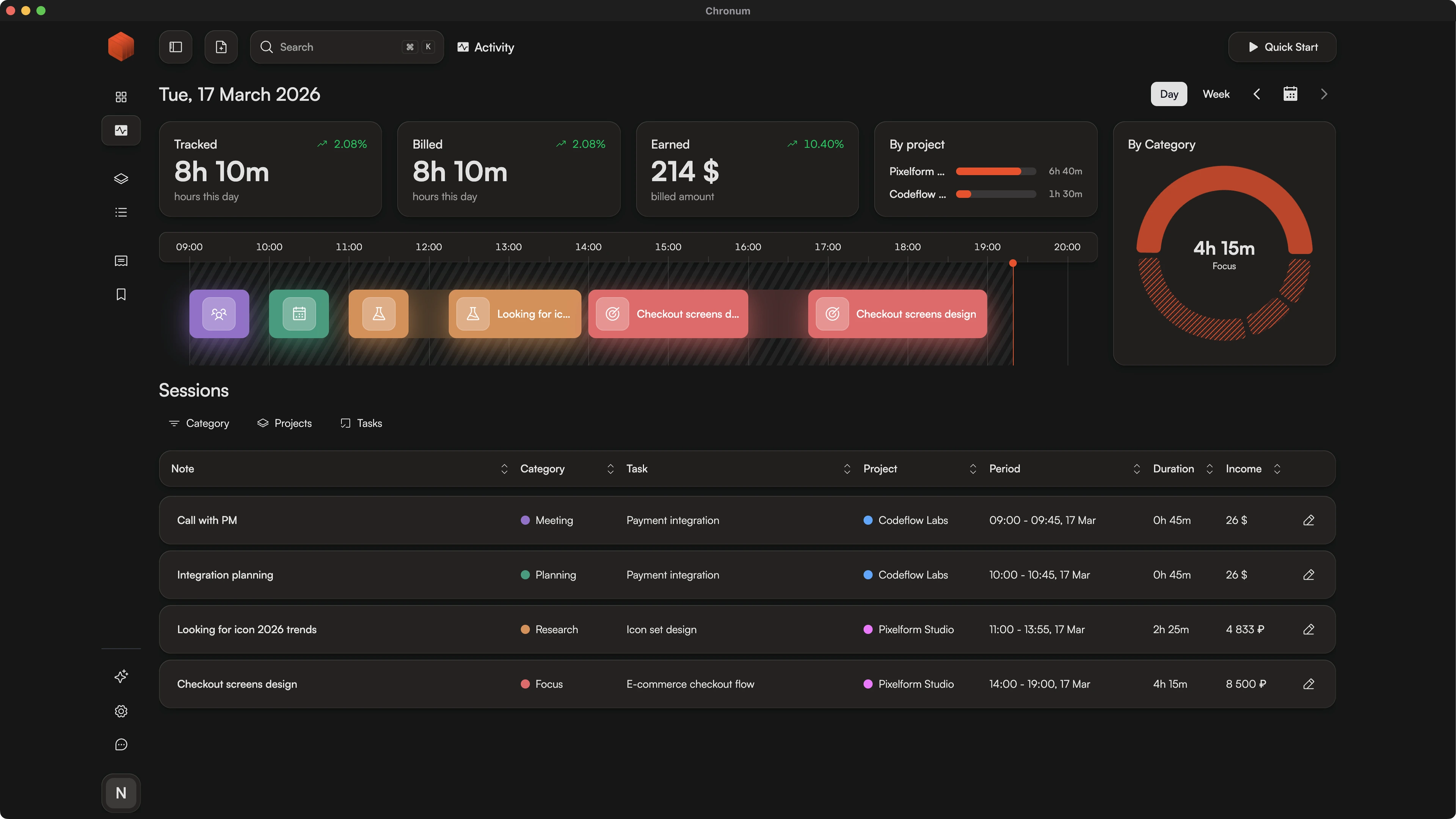 Screenshot of Chronum native desktop time tracker interface on macOS showing fast startup and system integration.