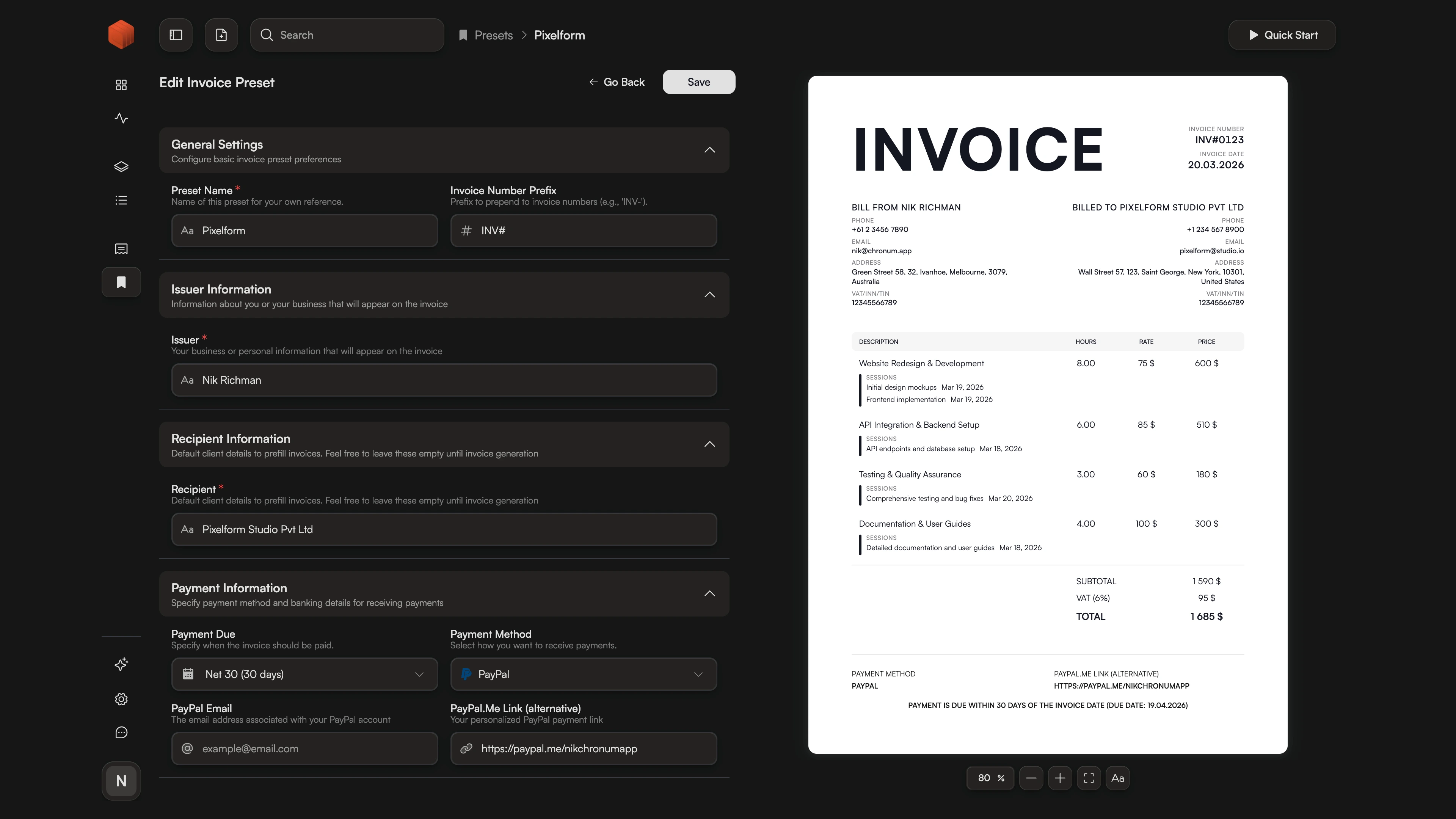 Invoice configuration in Chronum showing reusable billing templates for fast PDF generation and project-specific payment details.