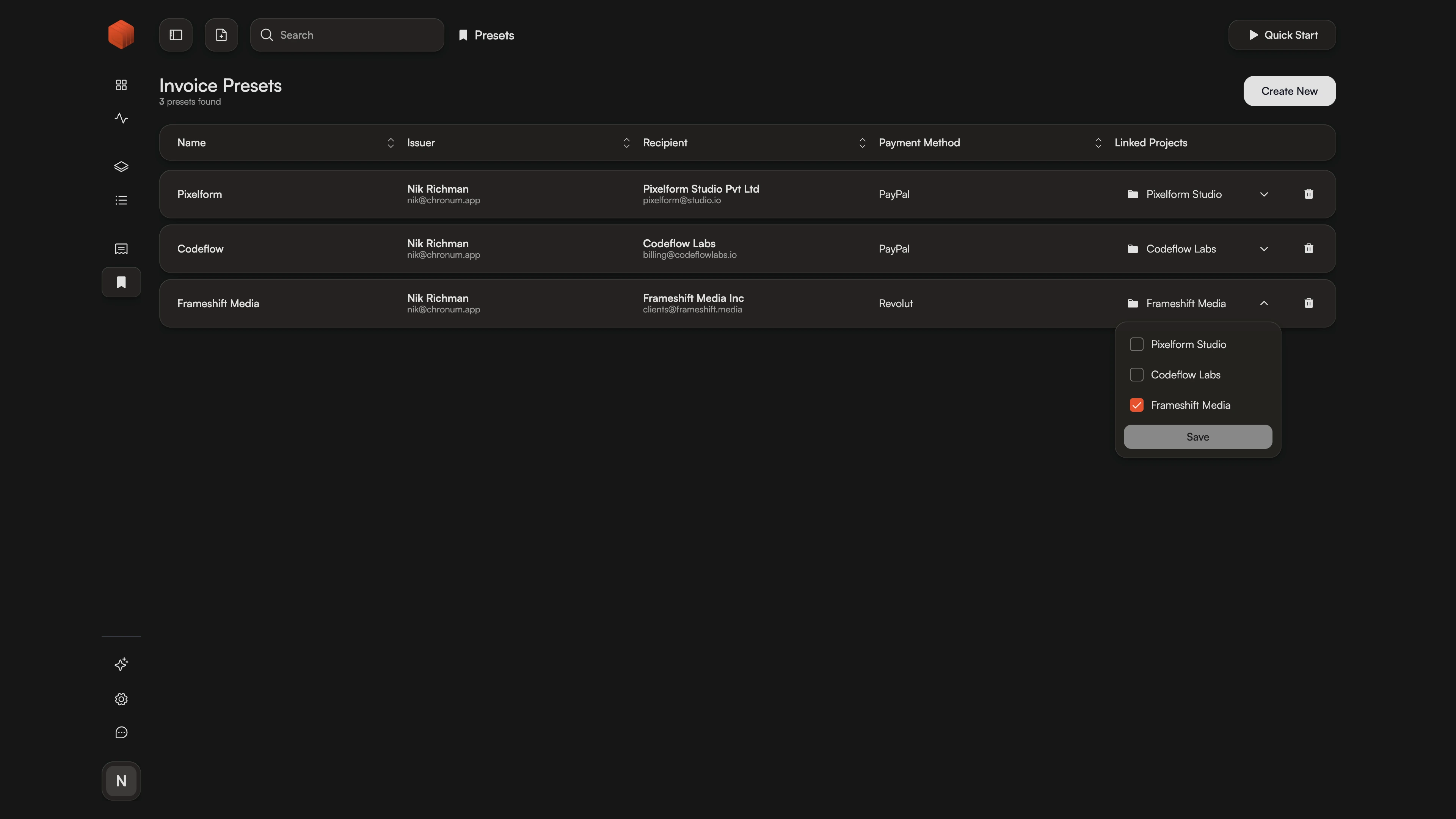 Linking a default invoice template to a project in Chronum for automated billing.