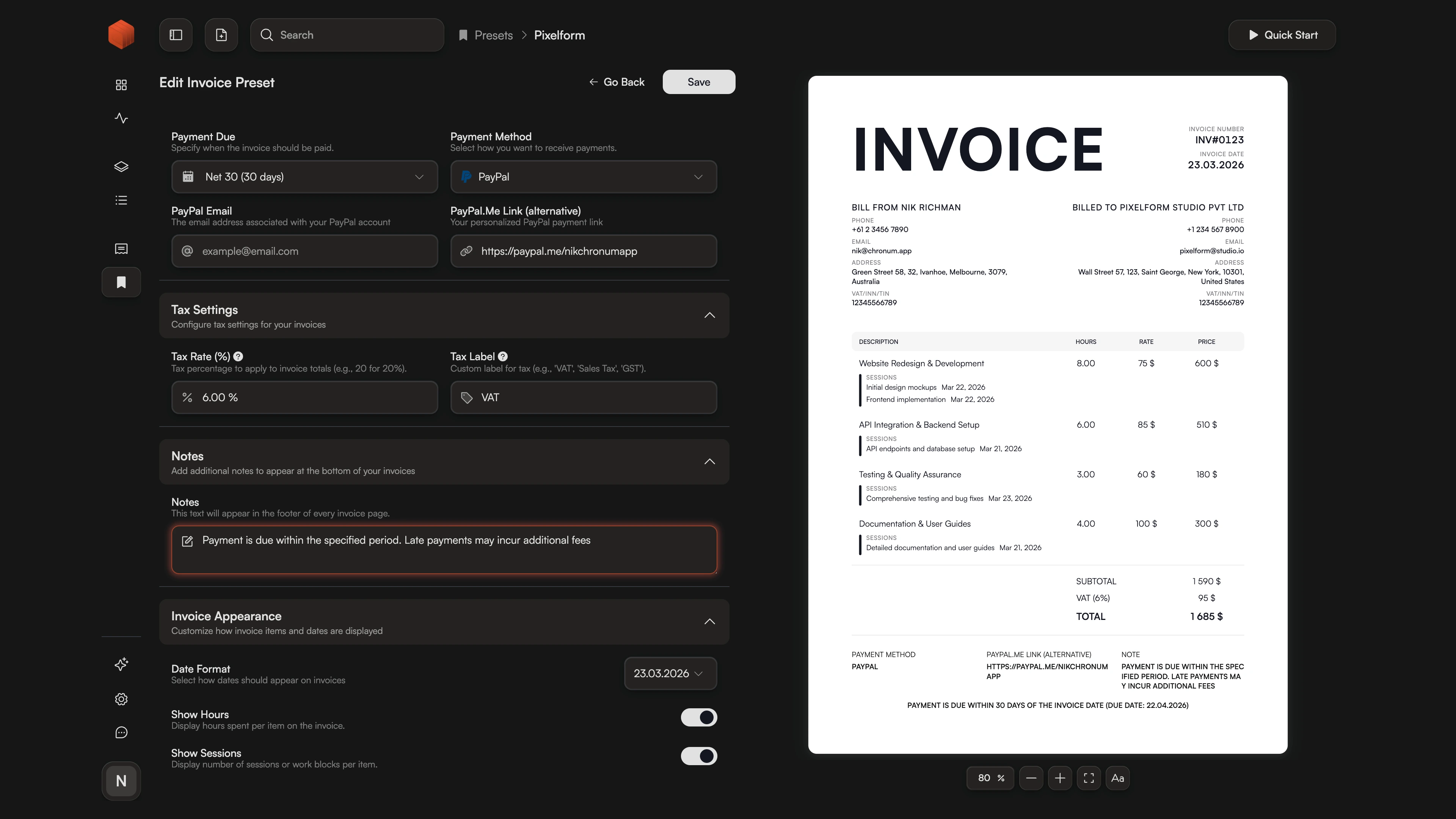 Automated tax calculation settings within Chronum invoice templates.