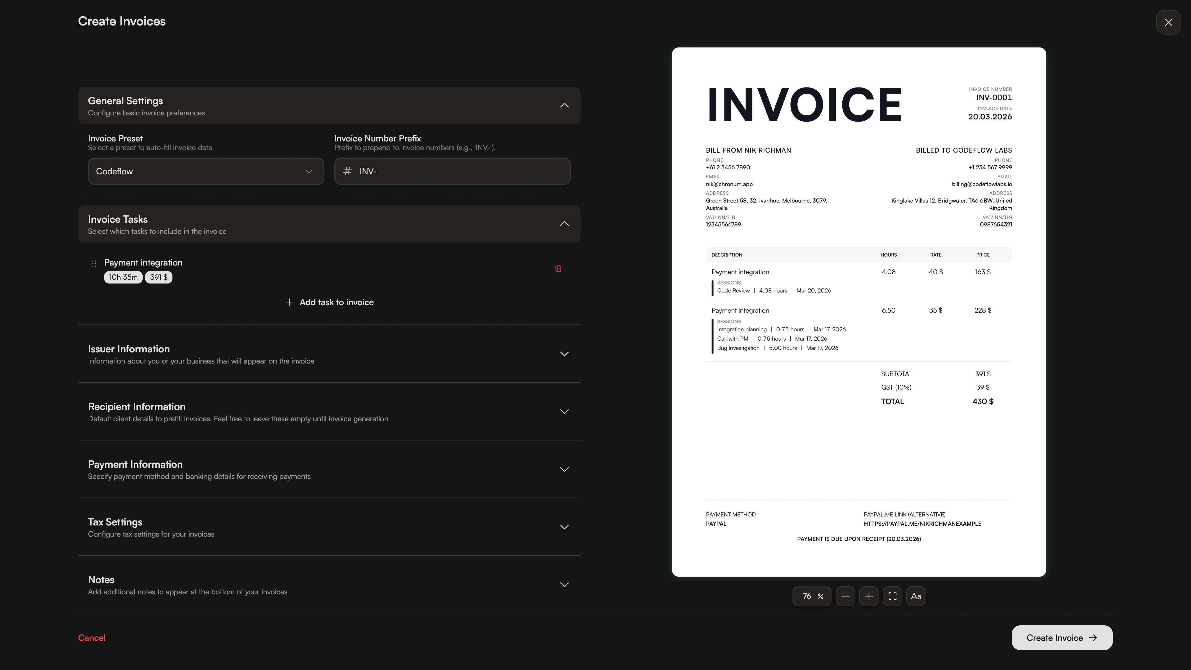 Detail view of a Chronum invoice showing a single project divided into two line items based on different hourly rate periods.