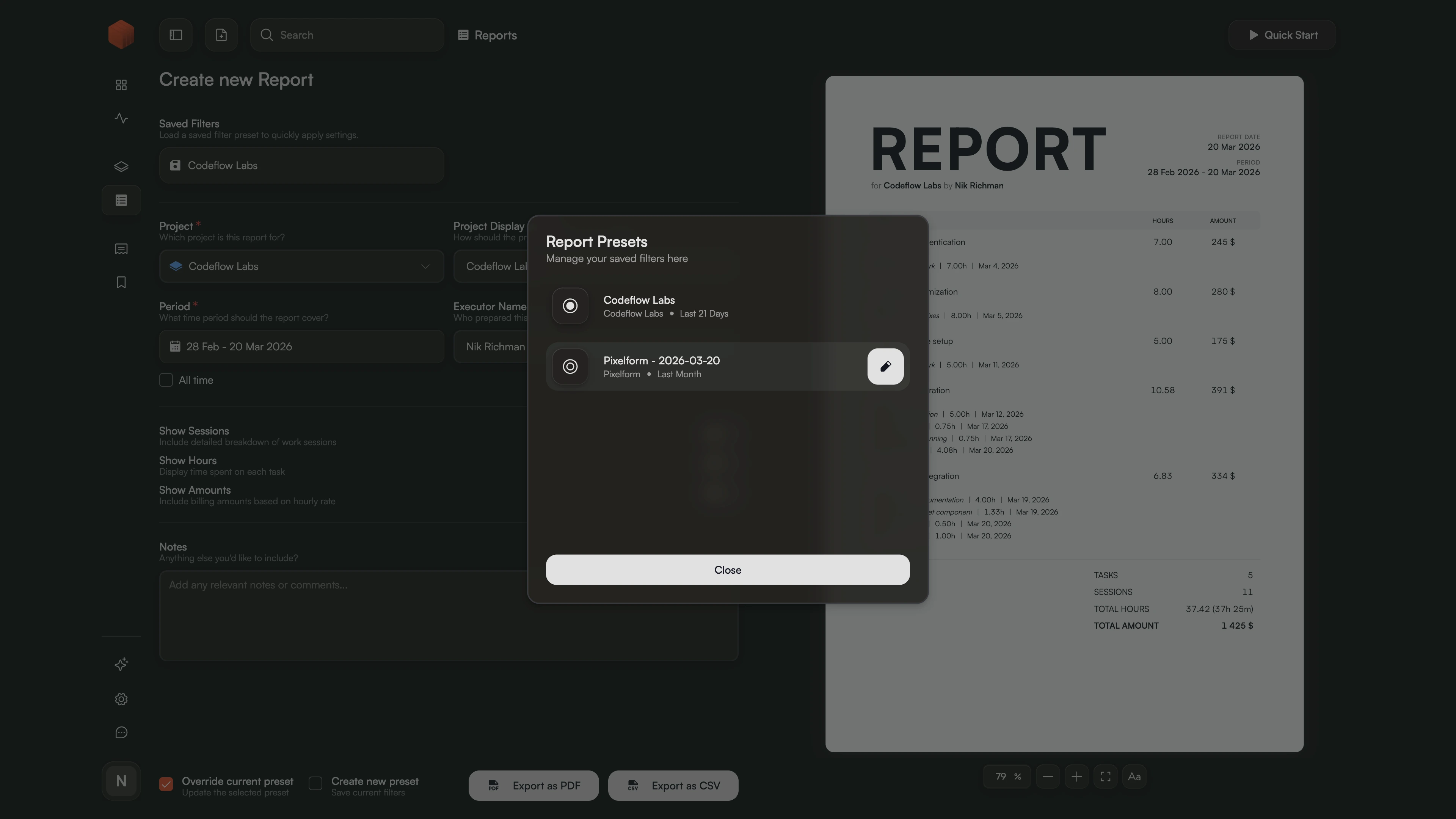 Saving reusable report configurations in the Chronum time tracking report generator.