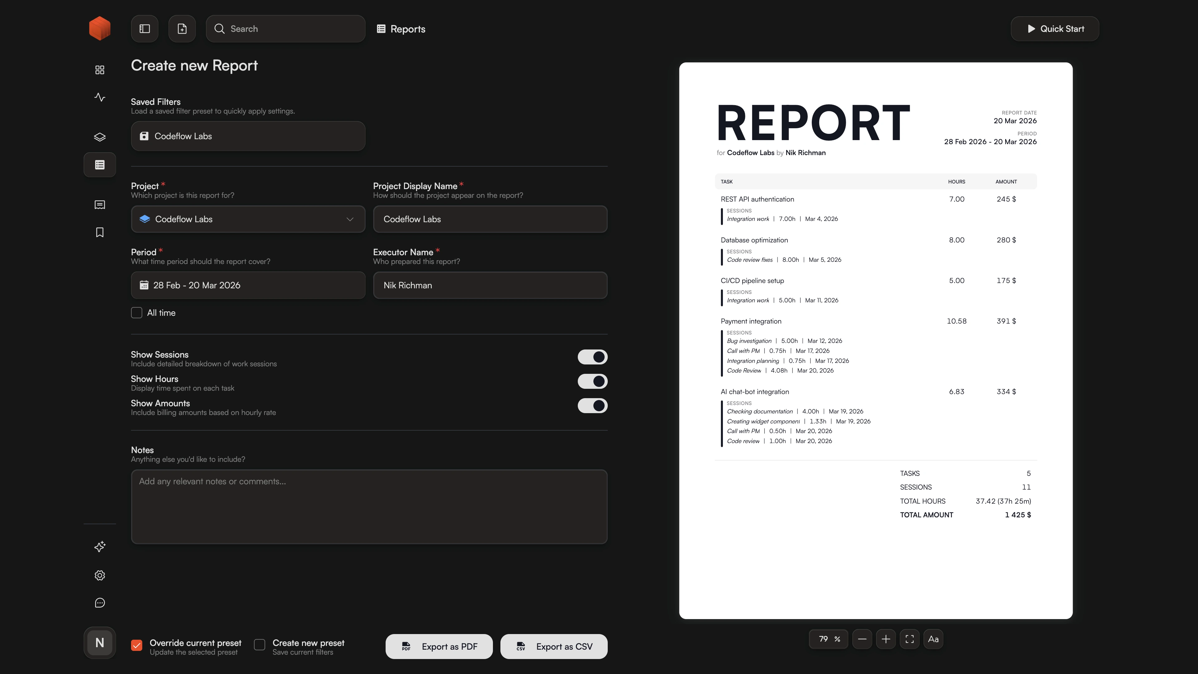 Chronum time tracking report generator interface with PDF and CSV export options for freelancers.