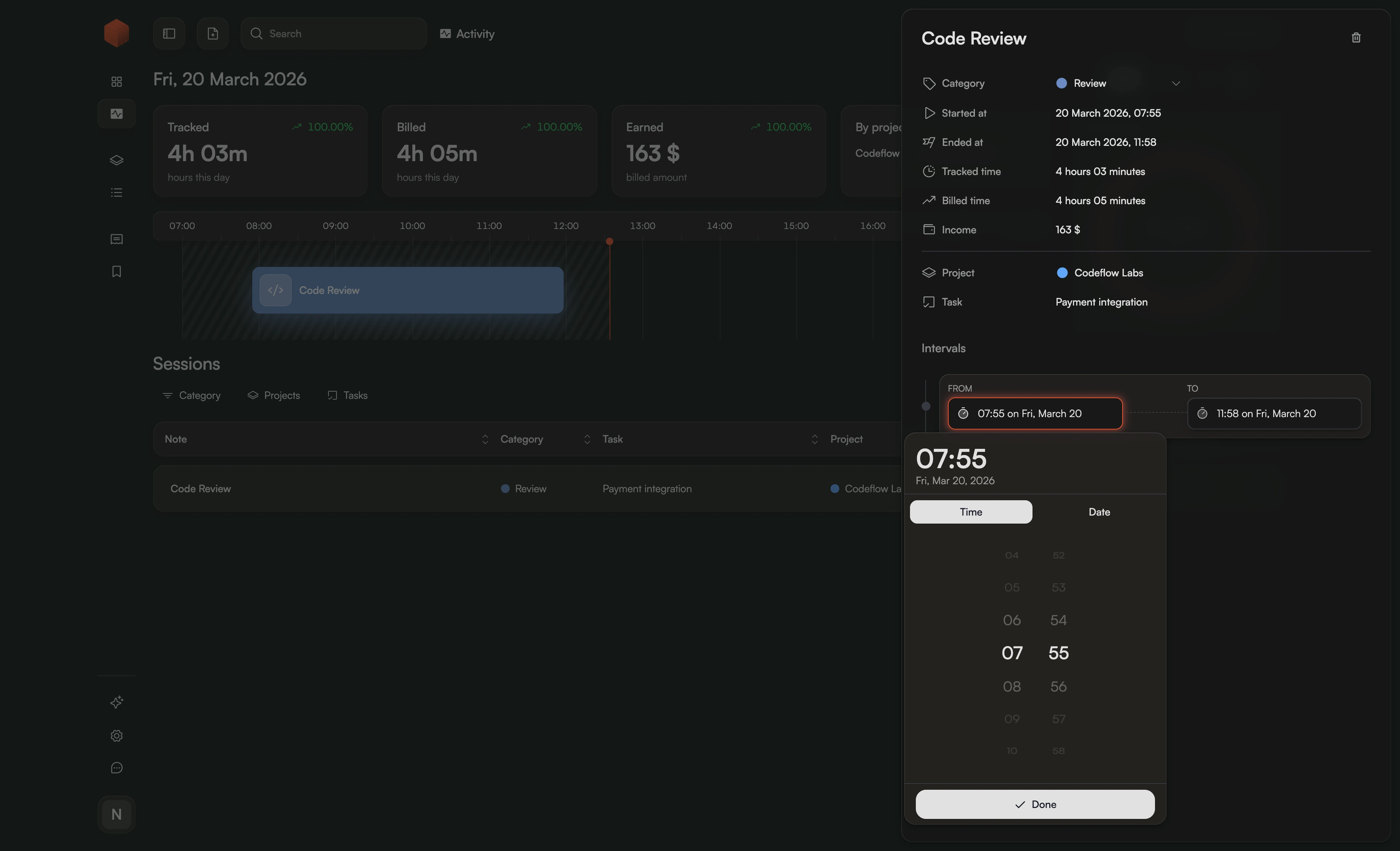Chronum interface with a modal sheet open to precisely edit session intervals and project details.
