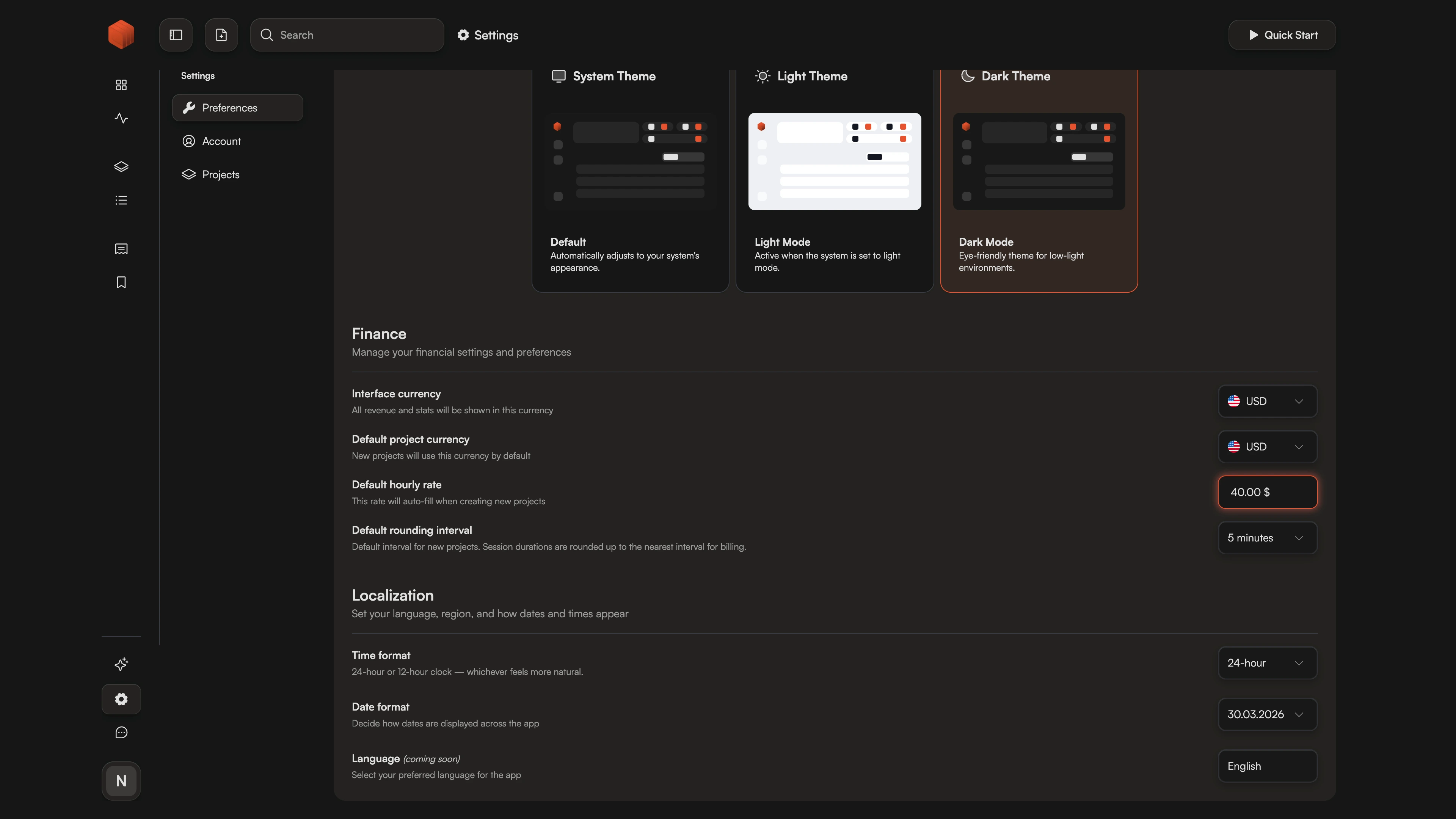 Settings screen with default hourly rate configuration.