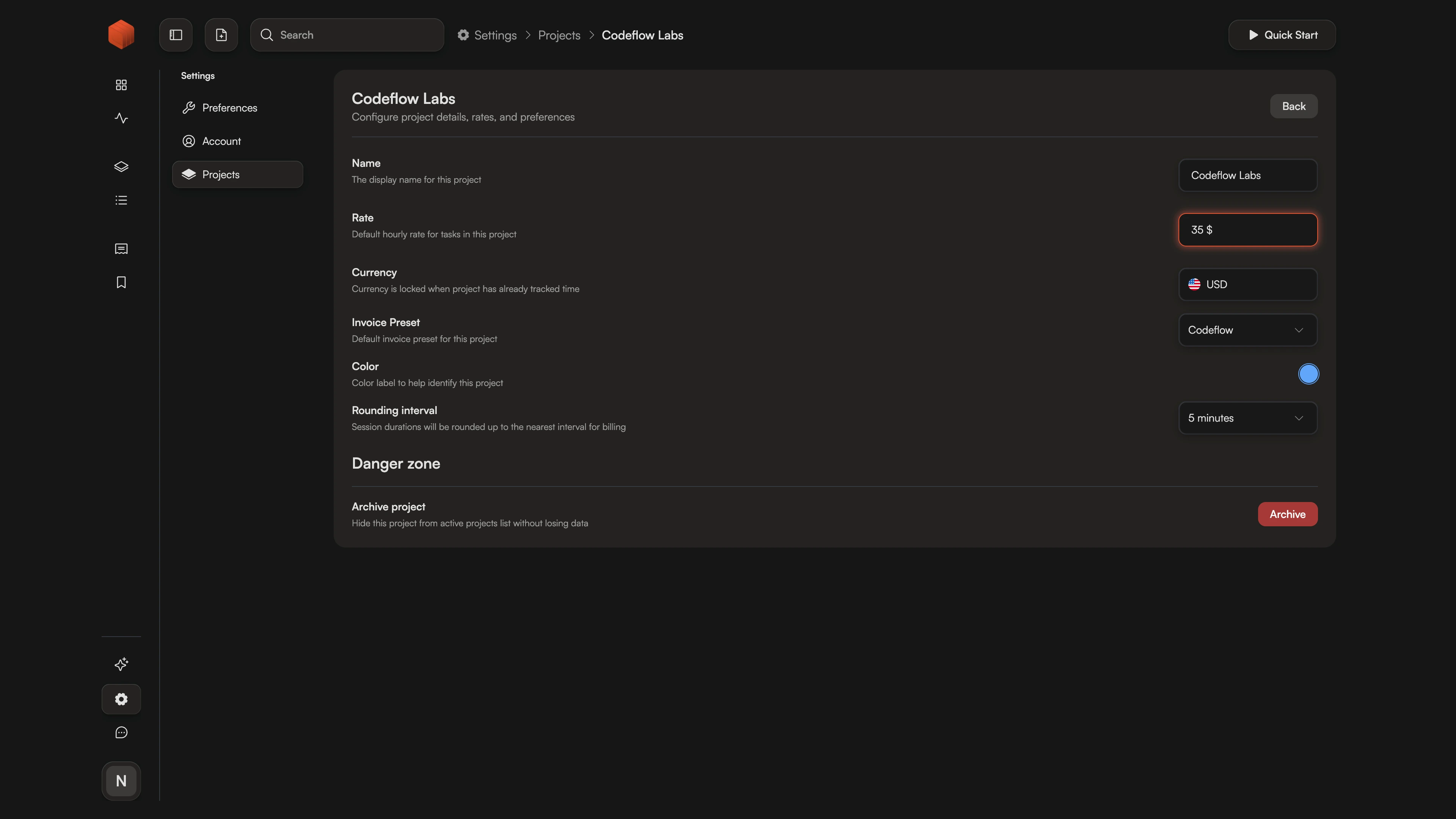 Project settings screen showing hourly rate field for editing.