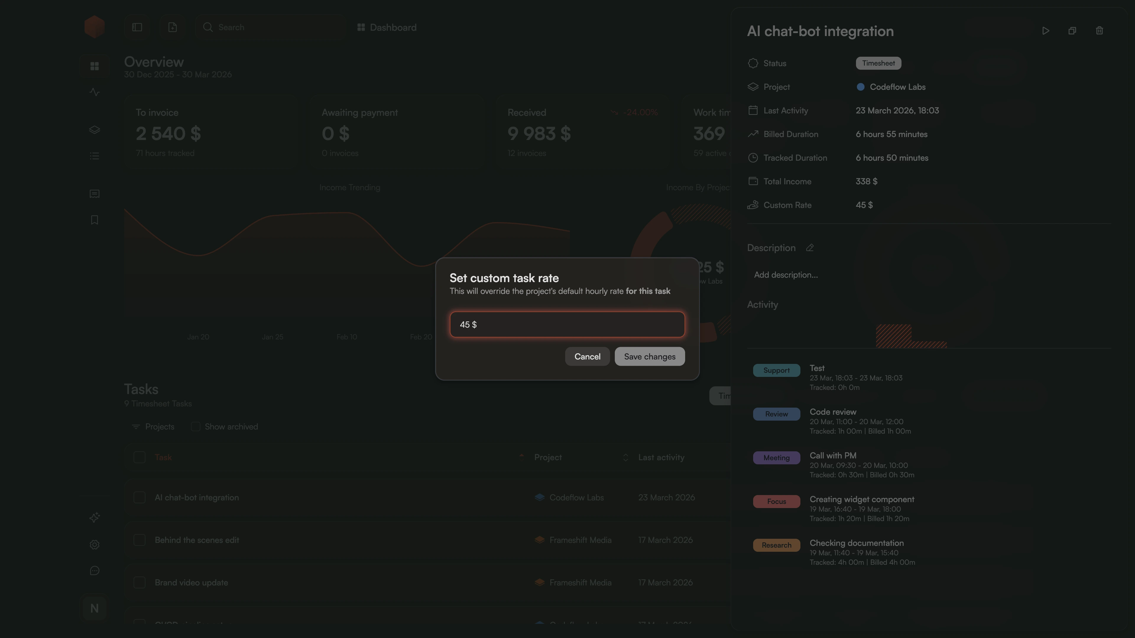Task details dialog showing form to set task-specific hourly rate.