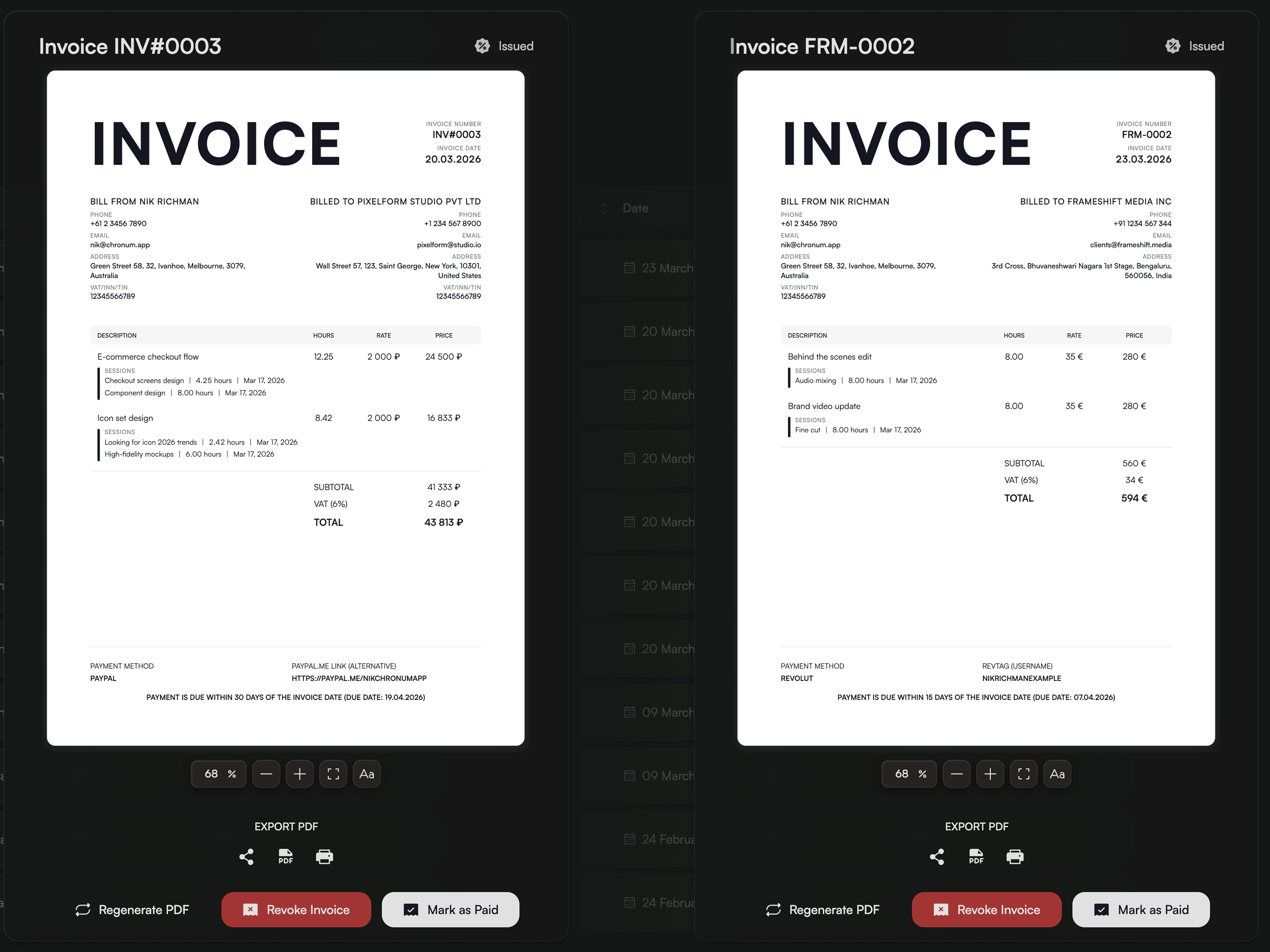 Two professional PDF invoices generated in different currencies for international freelance clients.