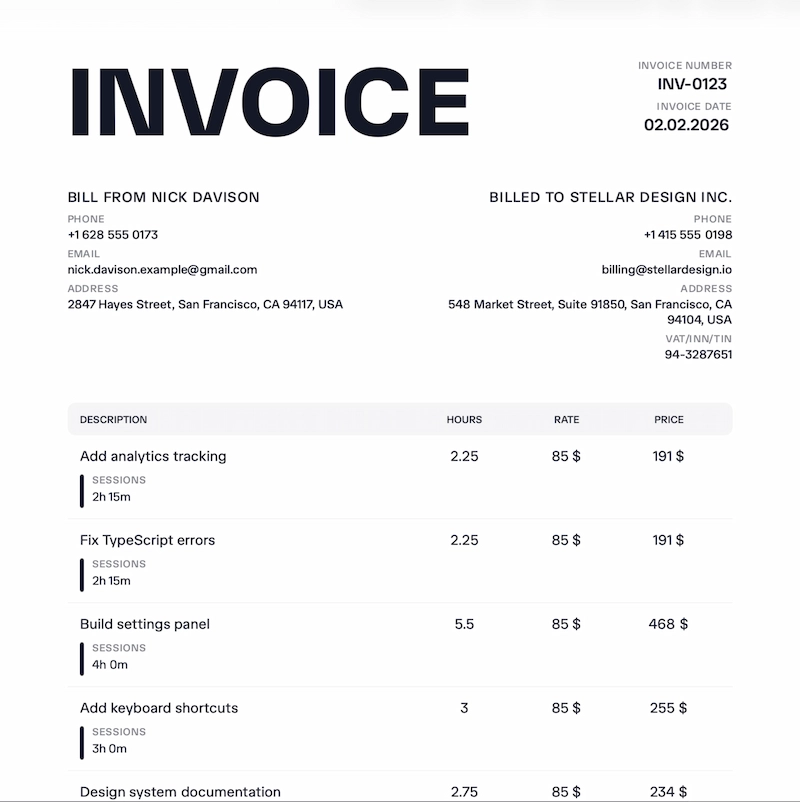 Chronum invoice customization interface showing live preview with editable recipient info, payment methods and tax settings