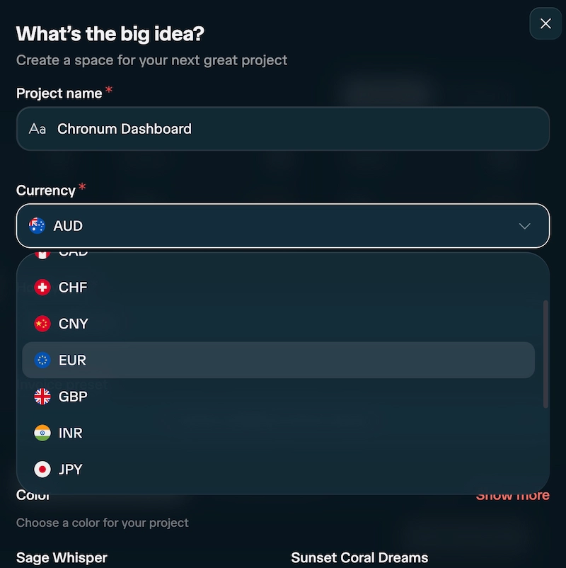 Multi-currency project settings in Chronum showing different currencies for various freelance projects