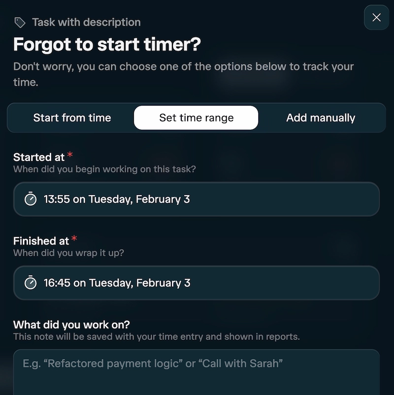 Time tracking interface in Chronum with live timer, manual time entry options and task descriptions